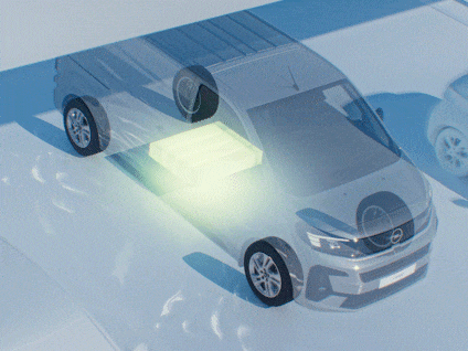 3D-Grafikdarstellung eines halbtransparenten Vivaro-Transporters, die den leuchtend gelben Elektro-Akku unter dem Boden hervorhebt