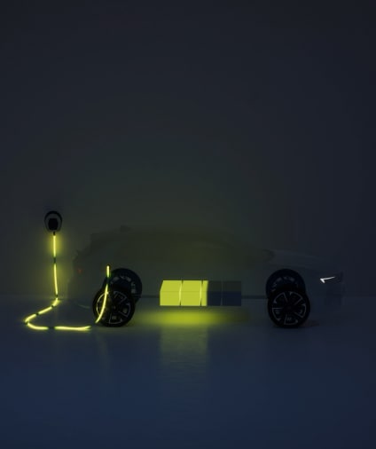 Grafik eines transparenten Elektroautos, das den Batterieladevorgang zeigt