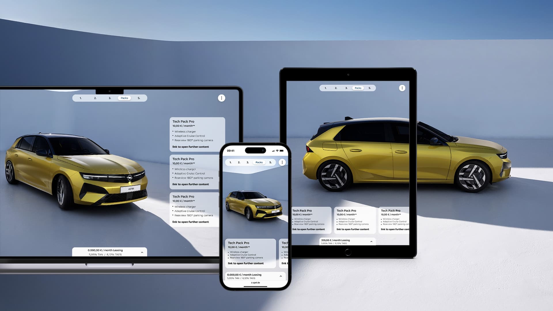 MacBook-, iPhone- und iPad-Ansichten der Online-Bestelloberfläche für einen gelben Opel Astra