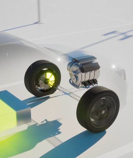 Halbe Front eines transparenten Opel Elektrofahrzeugs, bei dem nur die Batterie und die Räder sichtbar sind